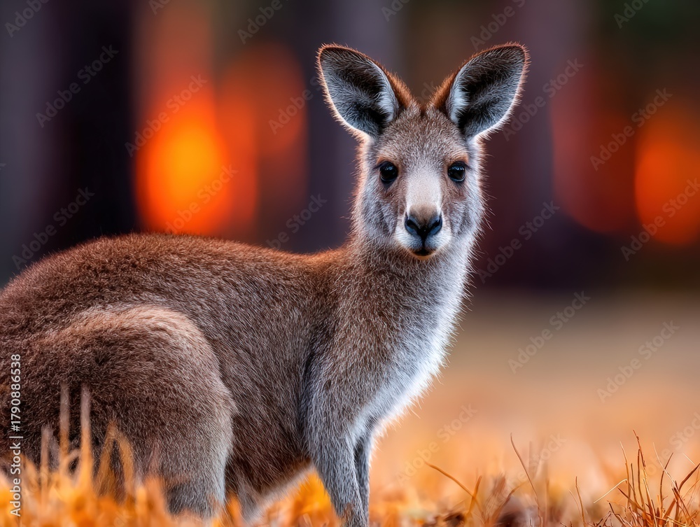 Fototapeta premium Lone kangaroo stands in golden grass during a beautiful sunset