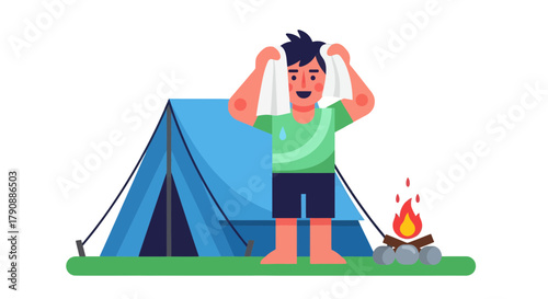 Camping Adventure: Boy Wiping Sweat After Fun Near A Tent and Campfire at Night