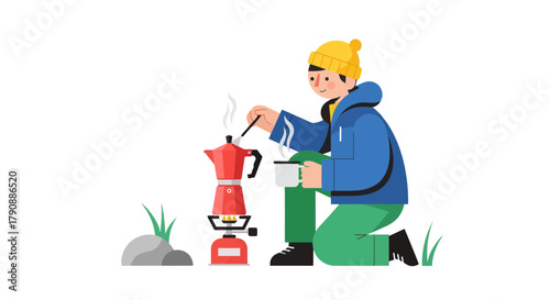 Camping Adventure Brewing Coffee Illustration Depicting Outdoor Relaxation And Enjoyment