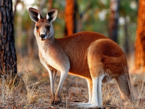 Lone kangaroo stands in golden grass during sunset in the Australian outback