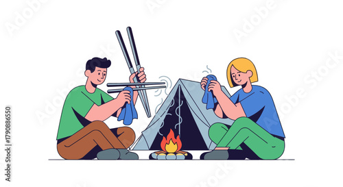 Camping Couple Preparing Dinner Together Outside Their Tent Enjoying the Evening