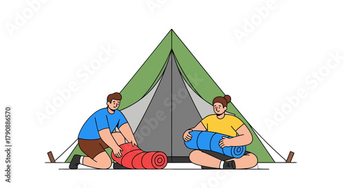 Camping Couple Unfurling Sleeping Bags Preparing Adventures During Recreational Time
