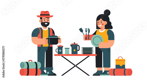 Camping Couple Preparing Meal Together While Outdoors Enjoying Quality Time And Adventure
