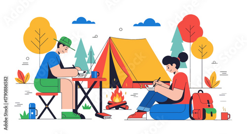 Camping Couple Working And Writing Outdoors In Minimalist Style Under The Night Sky