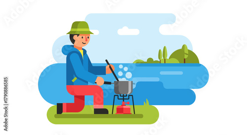 Camping Adventure: Cookout Illustration Depicting A Happy Individual Cooking Food In Nature