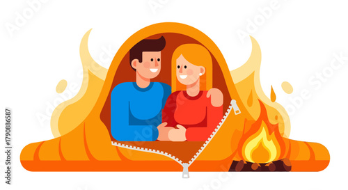 Camping Couple Under a Tent Enjoying the Warmth Of The Campfire at Night Together