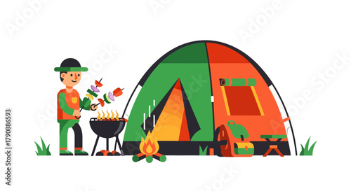 Camping Adventure: Cookout with a Tent and Man's Enjoyment of Nature's Offerings