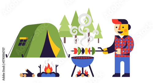 Camping Adventure: Enjoying A Campfire Barbecue Near The Cozy Tent