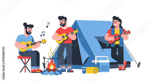 Camping Friends Create Music and Enjoy Campfire Ambiance During Their Weekend Getaway