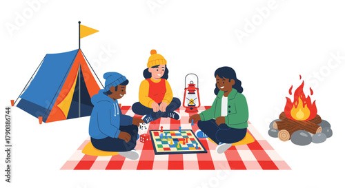 Camping Friends Enjoy Board Games During A Fun Outdoor Camping Adventure