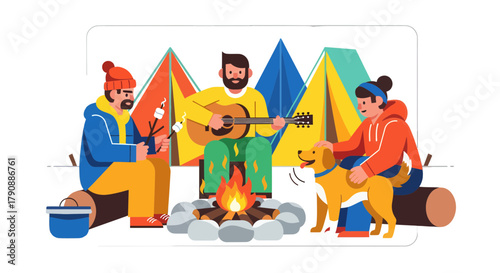 Camping Friends Enjoy Summer Campfire Gathering Under the Vibrant Colored Tents