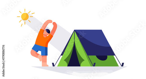 Camping Adventure: Enjoying The Sunshine Near A Tent, Happiness And Freedom