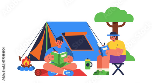 Camping Literary Friends Reading Books Near Fire And Tent During Fun Outdoor Experience