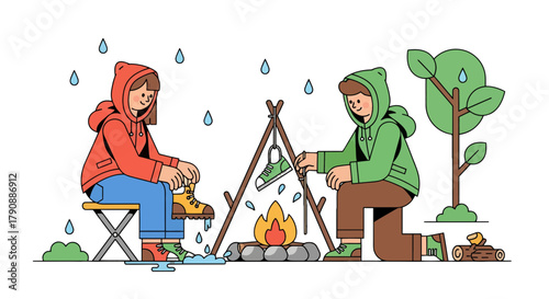 Camping Adventure: Friends Enjoying Evening By The Burning Campfire In The Rain