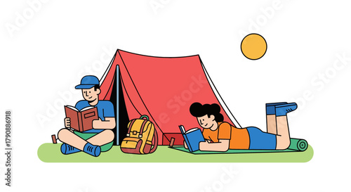 Camping Literary Serenity: Two Individuals Reading Near a Tent At Night Under The Light