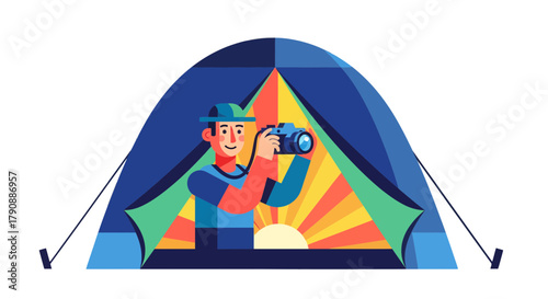 Camping Photographer Captures Sunrise: A Vector Illustration of Adventure and Nature