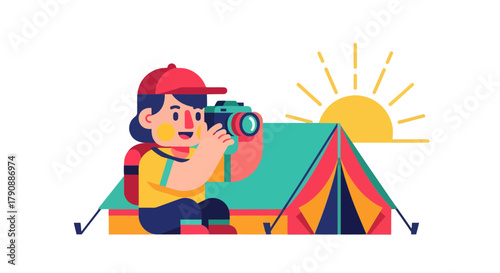 Camping Photographer Taking Picture of Sunny Landscape Near His Tent Enjoying Life Outdoors