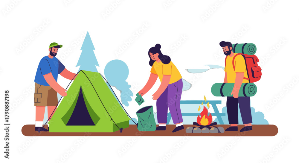 Fototapeta premium Camping Adventure: Friends Setting Up Camp, Preparing Food, and Enjoying Wilderness