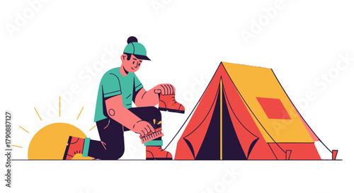 Camping Preparation: A Person Tending Boots Near A Tent At Sunrise, Simple Graphic Style