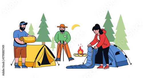 Camping Adventure: Friends Prepare Their Campsite Under A Nighttime Sky Scene