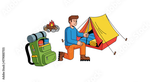 Camping Preparation Cartoon Illustration With A Man Erecting His Tent And Backpack Is Ready