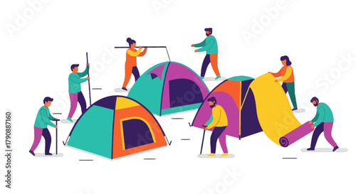 Camping Preparation: Constructing Tents and Embracing the Outdoors in a Vibrant Illustrated Scene