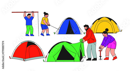Camping Preparation: Engaging Illustration Depicting Group of People Pitching Tents Outdoors