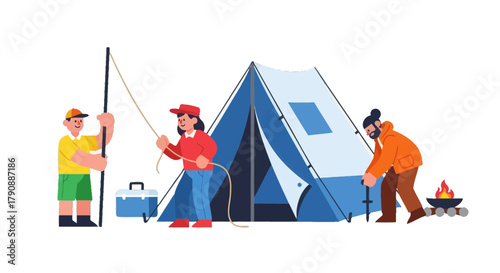 Camping Adventure: Friends Setting Up Tent And Preparing A Cozy Campsite At Night