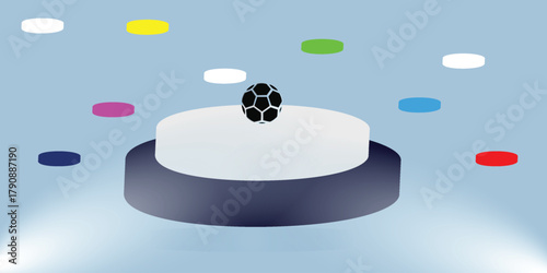 3D Studio template and white round shape pedestal on light blue background with spotlight product shelf. Blank studio podium for product advertising.