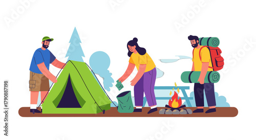 Camping Adventure: Friends Setting Up Camp, Preparing Food, and Enjoying Wilderness