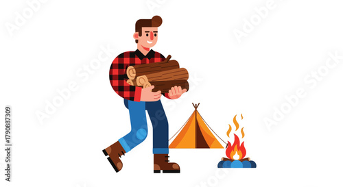 Camping Adventure Illustration Depicting A Camper Bringing Wood Near The Campfire Illustration