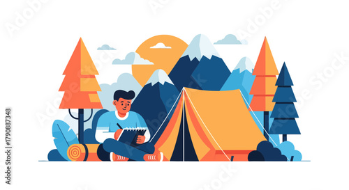 Camping Adventure Illustration Depicting A Creative Individual in Mountainous Terrain Setting