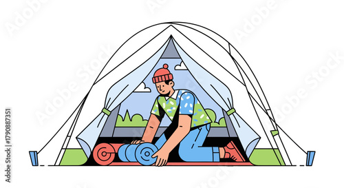 Camping Preparation Vector Illustration: A Person Setting Up A Tent For Adventure Outdoors