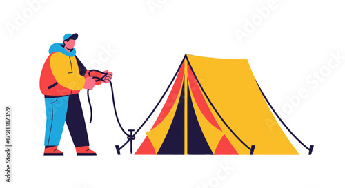 Camping Adventure Illustration Depicting A Camper Setting Up A Vibrant Tent On The Black Backdrop