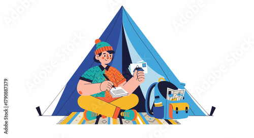 Camping Adventure Illustration Depicting A Creative Person Documenting Memories Within A Tent