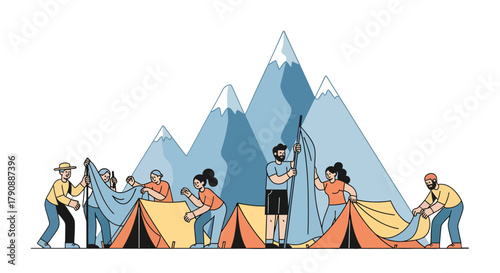 Camping Teamwork Assembles Tents Under Mountain Silhouette, An Adventure Concept