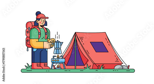 Camping Adventure Illustration Depicting Preparation, Coffee, And Relaxation Outdoor