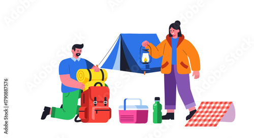 Camping Adventure Illustration Depicting Two People in a Leisure Activity with a Tent