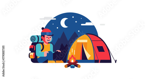 Camping Under The Moon: Nighttime Adventure Illustration For Recreation