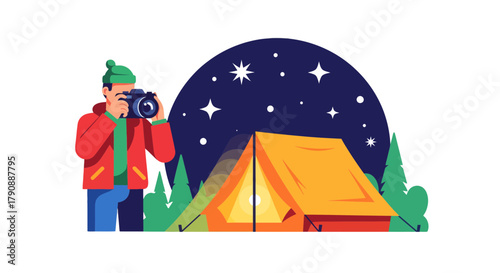 Camping Under The Stars: Capturing The Night's Beauty With Tent, Photographer And Nature Scene