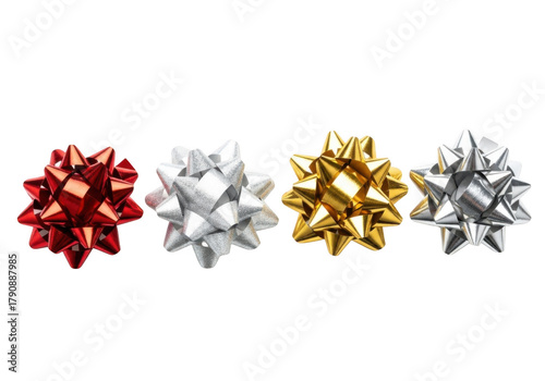 Four assorted metallic gift bows in red, silver, and gold, isolated on transparent background