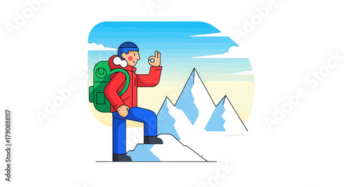 Cartoon Adventurer Celebrating Peak Success While Climbing Mountains In The Outdoors