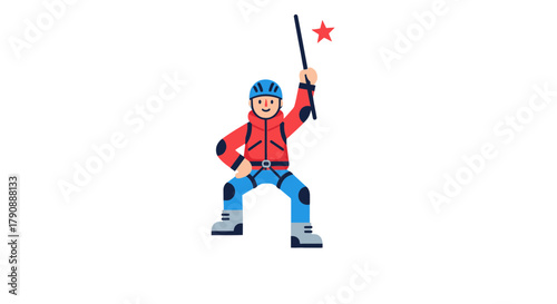 Cartoon Adventurer Celebrating Victory Holding Star Atop a Black Background Illustration