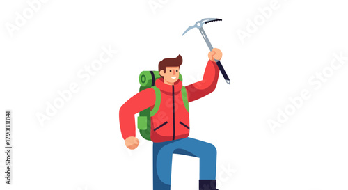 Cartoon Adventurer Climbs, Reaching Summit, Victorious with Ice Axe in Hand