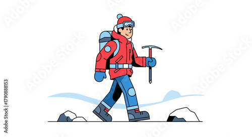 Cartoon Adventurer Climbs Snowy Slopes with Ice Axe During Winter Exploration Journey