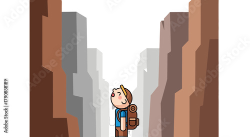Cartoon Adventurer Contemplating the Depth of a Canyon Path Into The Unknown