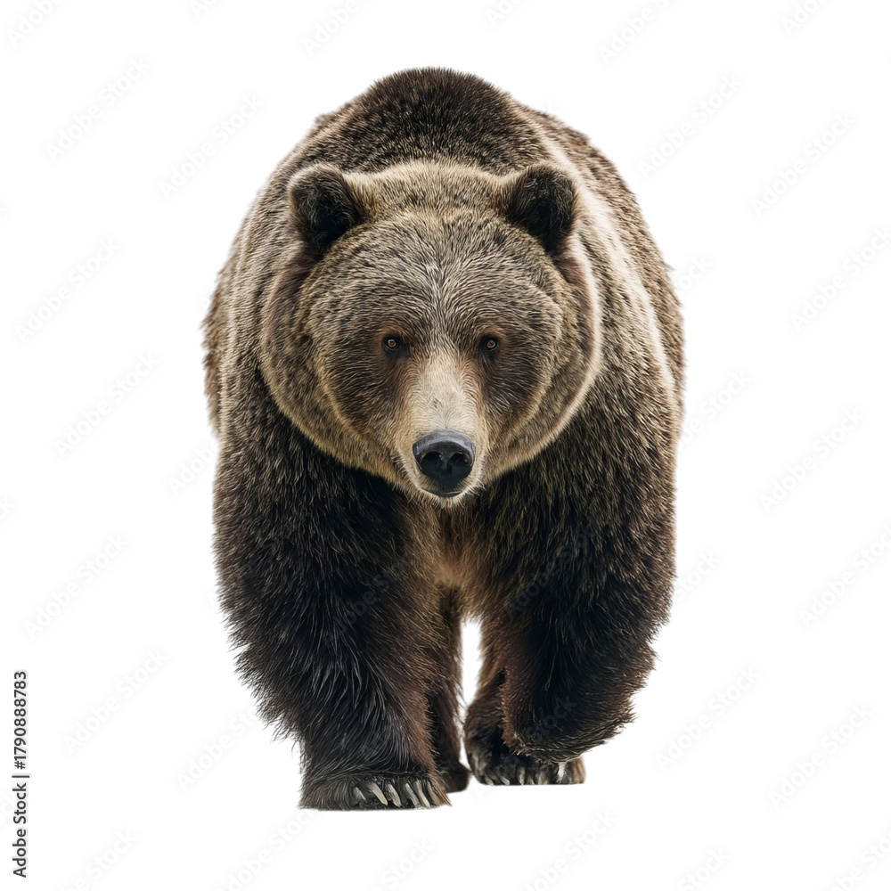 Obraz premium Png of front view of a brown bear walking towards the camera isolated on transparent background, showing its strength