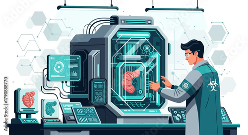 Futuristic laboratory setting with scientist examining a human organ in advanced machinery