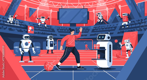 Futuristic Robot Football Game in an Arena with Human Player and Robot Teams Competing