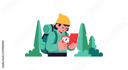 Cartoon Adventurer Navigating Wilderness With Compass And Backpack For Outdoor Exploration